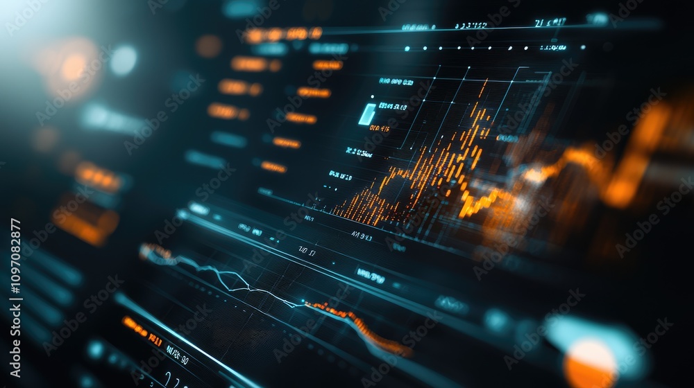 Poster futuristic financial data dashboard with charts and graphs
