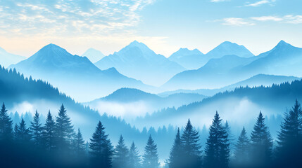 Obraz premium Gorgeous misty valley and distant mountains silhouetted against a blue sky