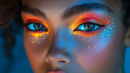 Vibrant Close-Up Portrait with Neon Glitter Makeup and Bold Eye Colors