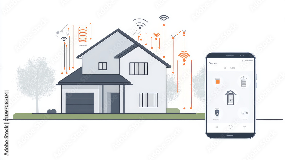 Poster a smartphone controls a smart home. the home's electronics connect wirelessly through the internet. 