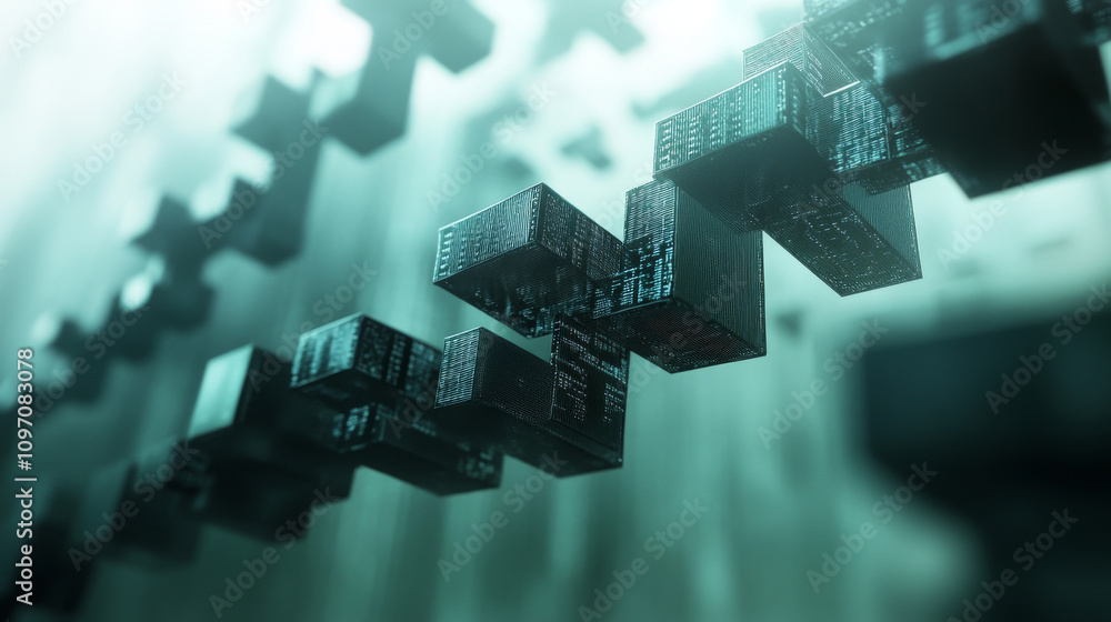Poster a picture shows interconnected digital blocks forming a chain, representing the blockchain. it uses 