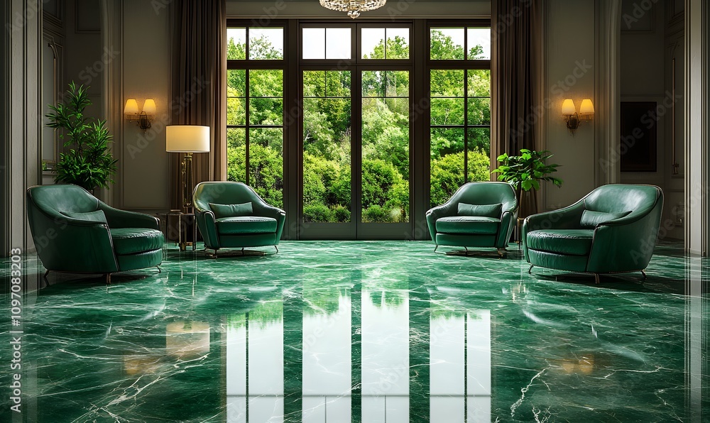 Poster an elegant room featuring a polished emerald marble floor with intricate veining patterns