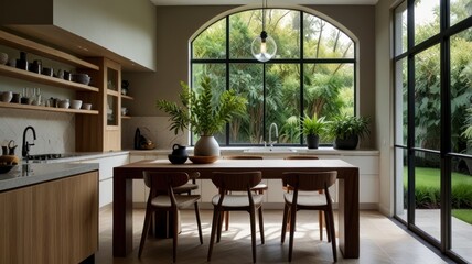 Fototapeta premium Modern kitchen with arched window, wooden table and chairs, overlooking lush garden.