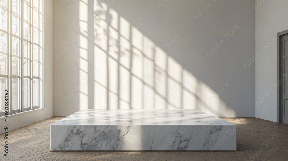 Poster minimalist interior design featuring an empty marble pedestal in a sunlit room with large windows, i