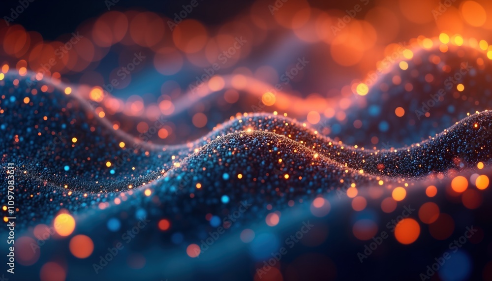 Fototapete Abstract blue digital tech background. Particle wave flow. Dynamic glowing energy. Futuristic space network. Modern 3D design. Data visualization. Innovation concept. Communication banner. Business