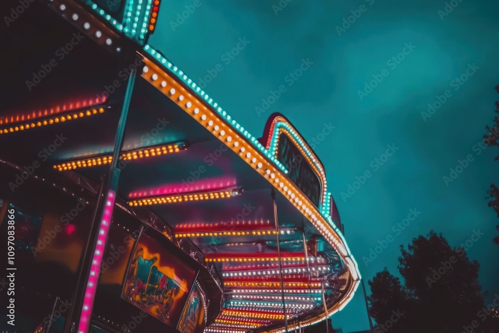 Aufkleber a vibrant amusement ride illuminated with colorful lights against a moody sky.