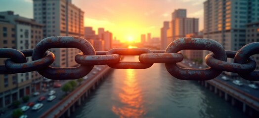 Closeup rusty iron chain links. Cityscape sunset background. Urban landscape. Heavy metal chain connects. Industrial strength. Strong connection. Night city lights. Water canal. Traffic road. Sunrise.
