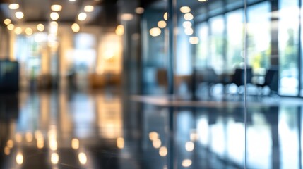 Blurred interior of a modern office space with reflective surfaces and soft lighting.