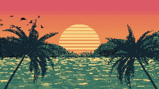 Pixel tropical background in 4K. 8-bit panoramic retro background. Mosaic animation sunset on tropical island. Looping animation.