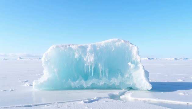 Large ice block on a snow-covered landscape under a clear blue sky - Powered by Adobe