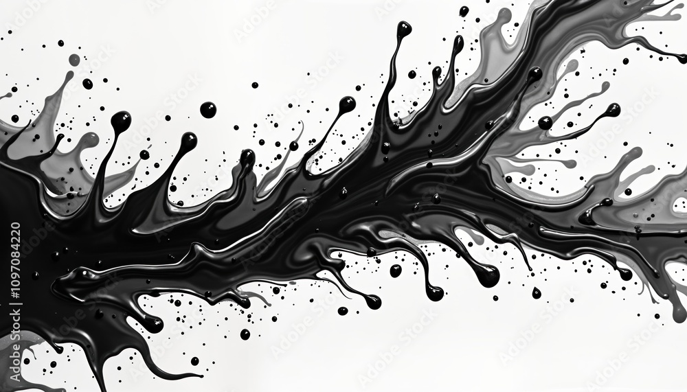 Poster black paint splashes white backdrop. fluid liquid flows dynamically. abstract art design. swirling i