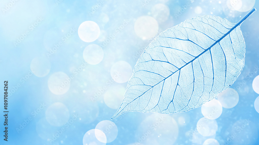 Poster Serene and ethereal atmosphere created by delicate skeleton leaf with intricate veins against a soft blue bokeh background