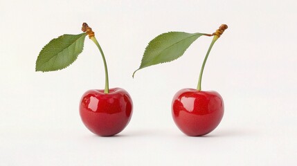 Fresh Red Cherries with Green Leaves Isolated on White Background
