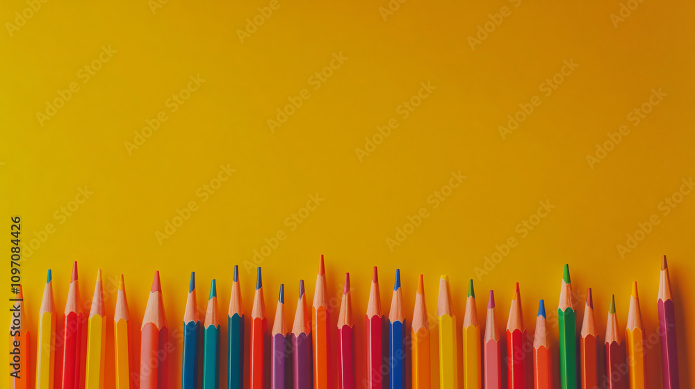 Poster colorful pencils creating a lower border against a yellow backdrop, with room for text or design