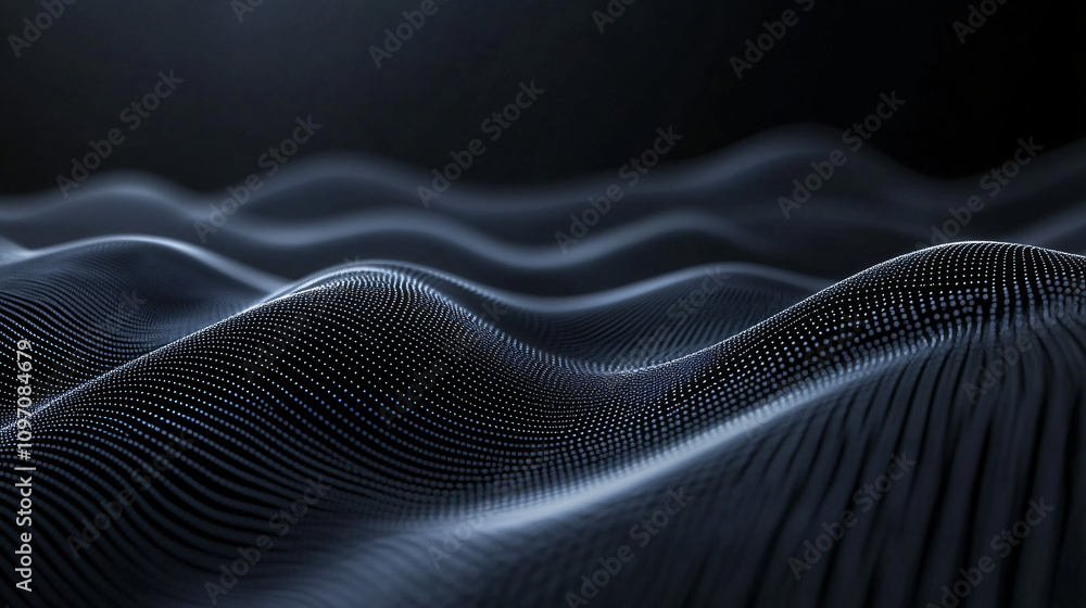 Poster Wavy surface created by abstract particles, symbolizing digital data flow, network connection, or advanced technology