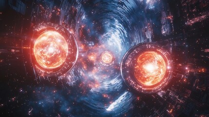 Fototapeta premium Hyperrealistic visualization of a Type II civilizations AIoperated cosmicscale fusion reactor harnessing the energy of multiple stars through quantum synchronization depicted with advanced technology