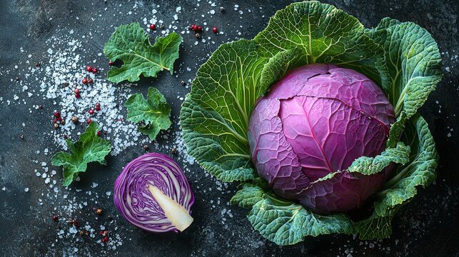 Vibrant red cabbage with sea salt and peppercorns on dark rustic surface