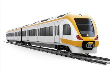 Modern yellow and white passenger express train moving on railway track, isolated on transparent background, ideal for travel and transportation projects