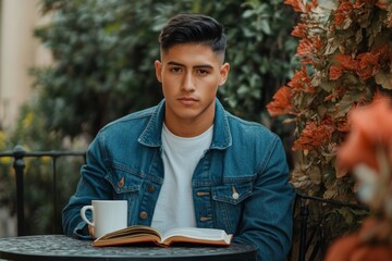 Fototapeta premium A young Latino man wearing a denim jacket over a plain white t-shirt, paired with black jeans, sitting at a small outdoor cafe table. Hes sipping coffee, with a book open in front of him. 