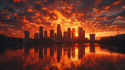 Fototapeta premium Fiery sunrise cityscape reflected in calm water.