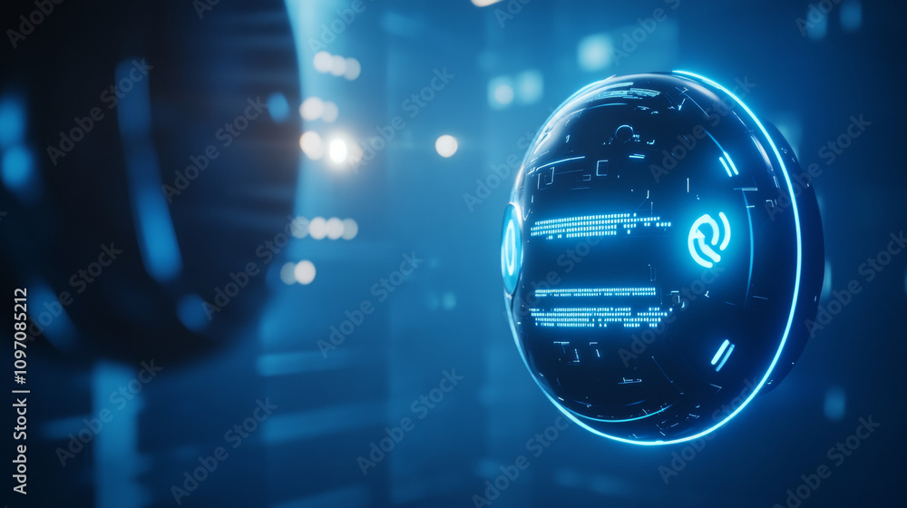 Poster a futuristic-looking chat bot icon and speech bubble. it shows artificial intelligence generating an
