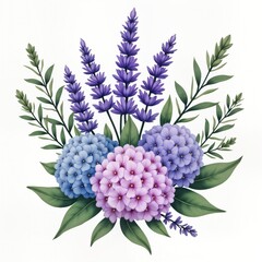 Fototapeta premium Lavender sprigs, purple flowers bouquet. Hydrangea, phlox blossoms. Green leaves. Floral arrangement. Pastel colors. Botanical design. Spring garden. Nature beauty. Romantic decor. Wedding