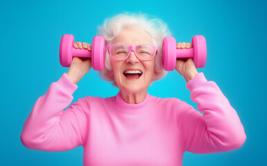 Energetic senior woman lifting pink dumbbells and celebrating fitness at home