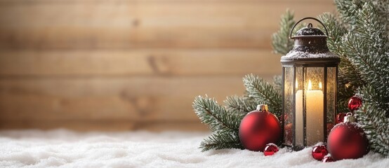 A Christmas lantern with a glowing candle surrounded by red baubles rests on snow, set against a rustic wooden background, suitable for Christmas card designs, holiday banners, seasonal advertisements