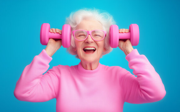 Energetic senior woman lifting pink dumbbells and celebrating fitness at home - Powered by Adobe