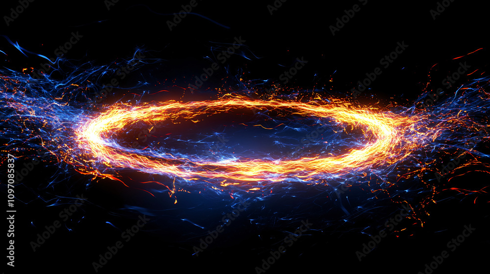 Aufkleber orange and blue particles are rotating fast, creating a glowing circle on a black background, perfec