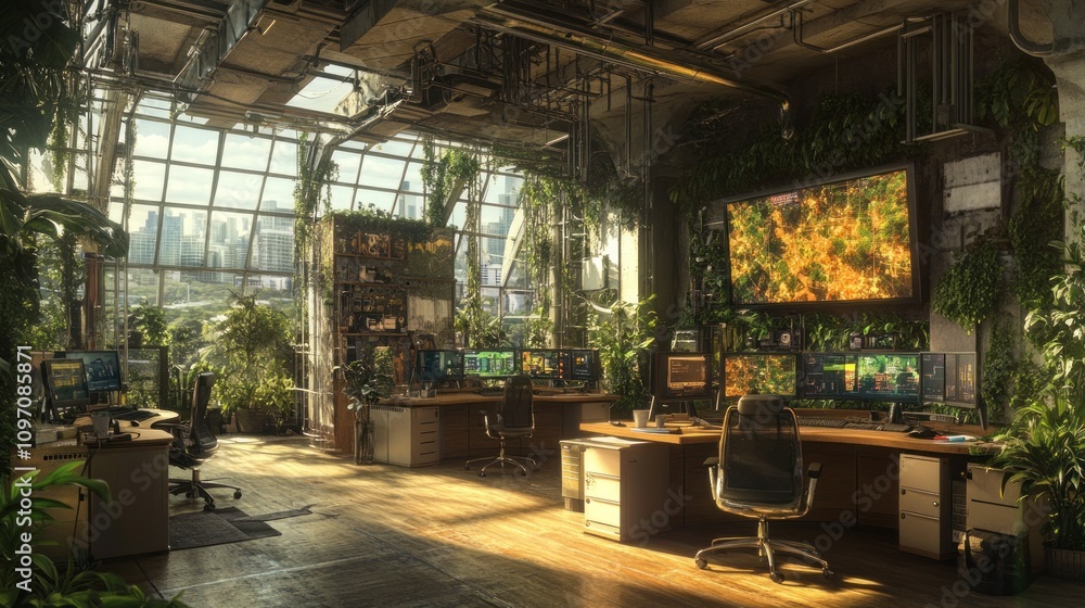 Poster A vibrant, plant-filled workspace with multiple computer stations and a large screen.