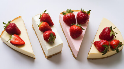 Four separate pieces of cheesecake, topped with delicious strawberries.