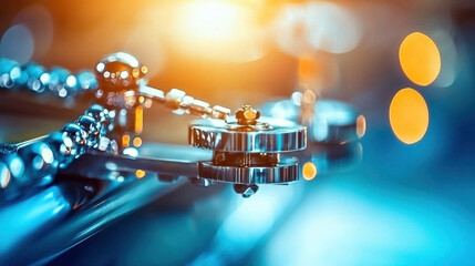 Abstract close up of shiny metal mechanism with blurred lights