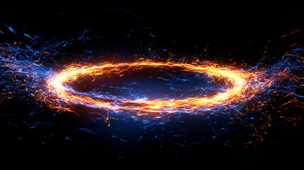 Orange and blue particles are rotating fast, creating a glowing circle on a black background, perfect for visual effects and motion graphics