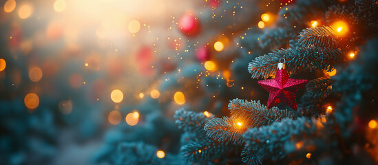 Spruce tree and stars, Christmas tree garland close up, bokeh lights background. Merry Christmas and Happy Holidays greeting card, frame, banner. New Year. Winter xmas festive theme.	
