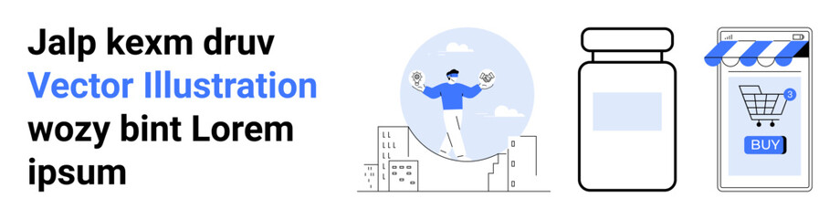 A person juggling pills, a medicine bottle, and an online shopping app with a BUY button. Ideal for healthcare, pharmaceuticals, online shopping, digital sales, mobile apps, e-commerce