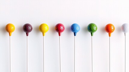 Colorful Golf Balls on Tees Arranged in a Neat Row