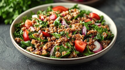 Fresh bulgur salad with kale, cherry tomatoes, and red onions on rustic plate