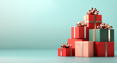 Obraz premium Colorful gift boxes stacked creatively on a teal background during the holiday season
