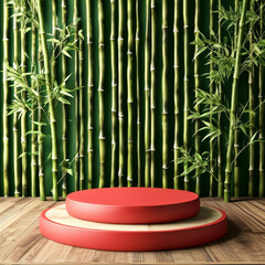 Lunar New year bamboo product presentation podium mock up, chinese new year concept, Chinese lanterns, flowers, ad, podium platform, product presentation space