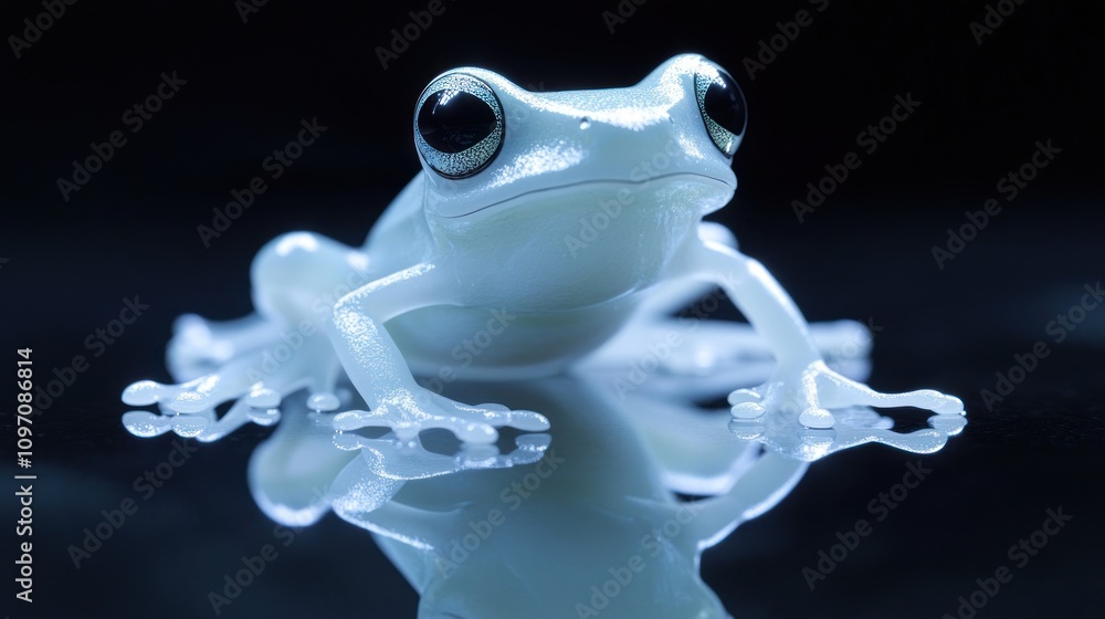 Poster a close-up of a translucent white frog with large eyes on a reflective surface.