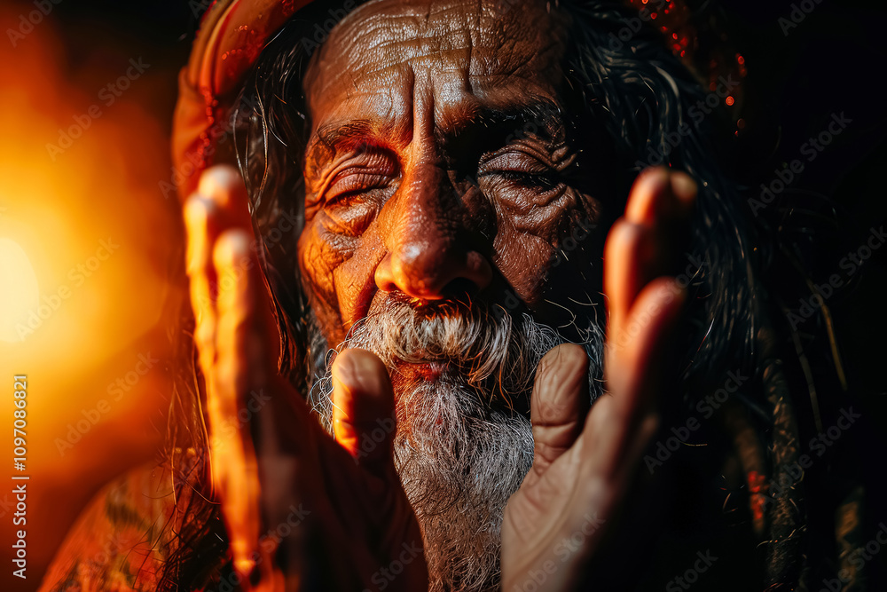 Aufkleber man with a beard and a beard is praying. he is wearing a hat and has a beard