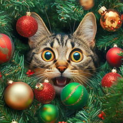 Curious cat peeking through holiday decorations