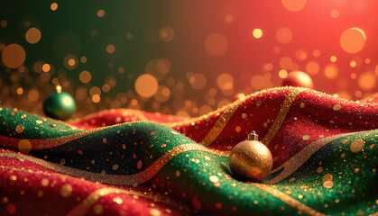 Obraz premium Christmas ornaments on textured fabric, festive atmosphere with colorful bokeh lights