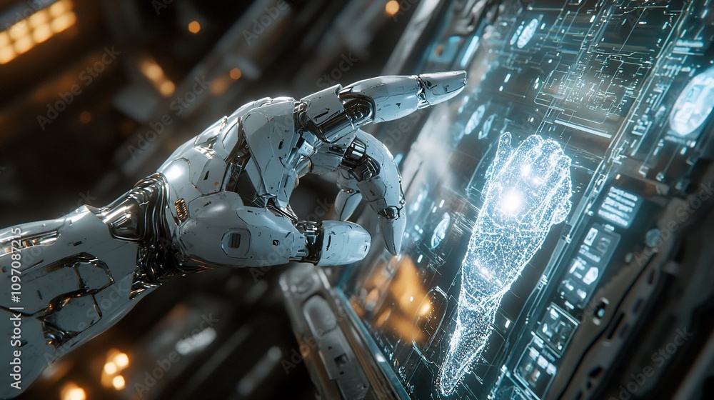Poster robotic hand interacting with futuristic interface.