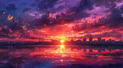 Fototapeta premium Vibrant sunset over cityscape reflected in calm water.