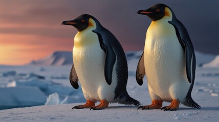 Fototapeta premium Two emperor penguins standing on Antarctic ice during sunset.