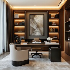 Modern office with wooden desk, shelves, and abstract art.