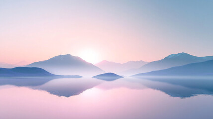 Fototapeta premium Peaceful lake mirrors stunning mountains and islands in a hazy pink sunrise, offering a serene setting ideal for relaxation or inspiring travel experiences