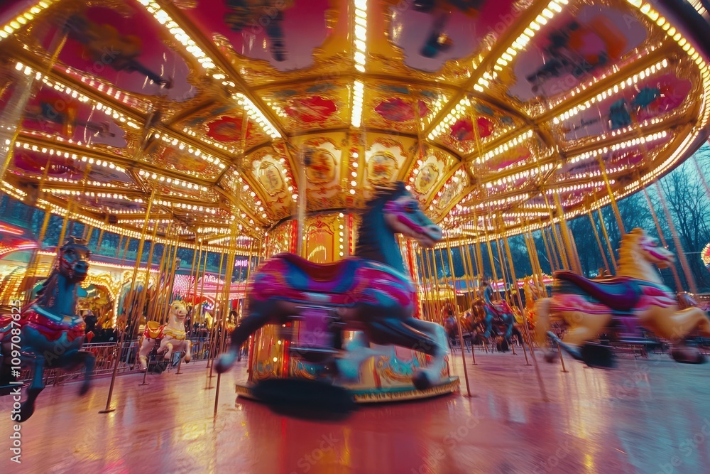 Aufkleber a vibrant carousel with colorful horses, creating a whimsical atmosphere for fun and leisure.